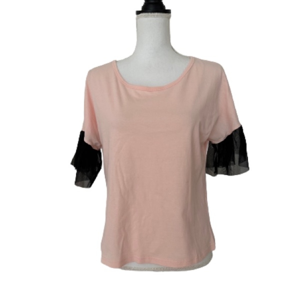 New My Star Woman’s Light Orange Top 100% Cotton With Black Mesh Sleeves, Sz S